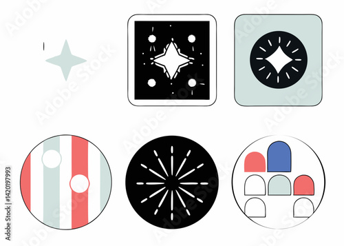 Sparkling celestial designs with minimalist aesthetics and muted color palettes, showcasing radiant stars and geometric patterns in a collection of circular and square icons.