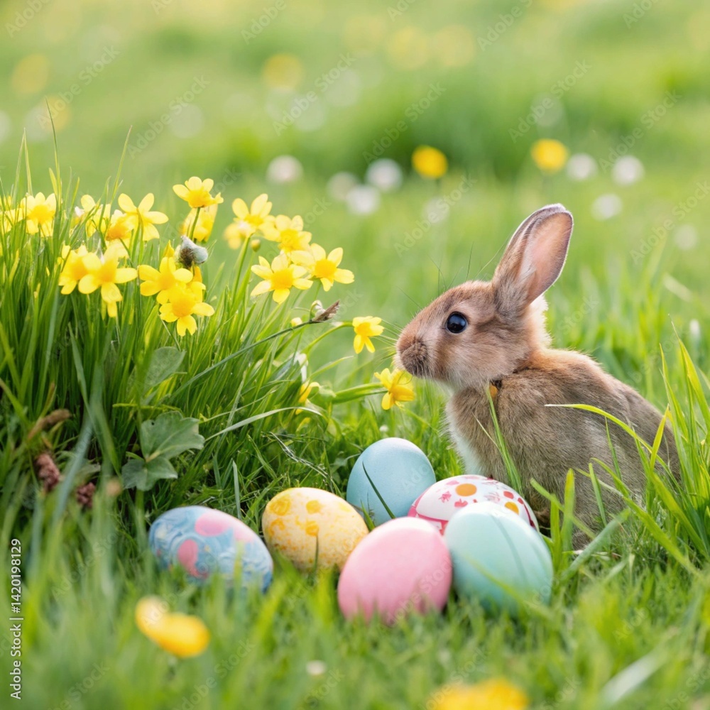 Fototapeta premium Adorable Easter Bunny with Colorful Eggs in Spring Meadow
