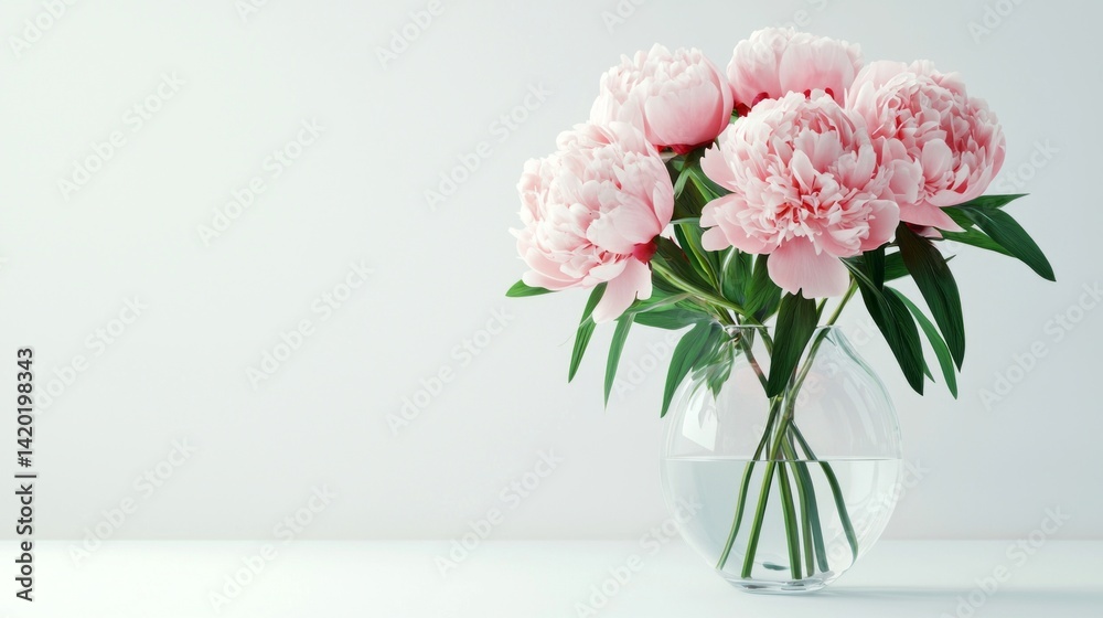 A vase of pink peonies sits on a white table A vase of pink peonies sits on a white table