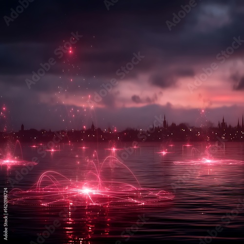 Luminous River Reflections Cityscape at Night with Pink and Purple Hues Radiating Vibrant Energy