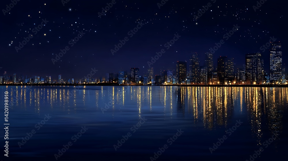 Fototapeta premium Luminous Skyline Reflection at Night under Starry Sky.