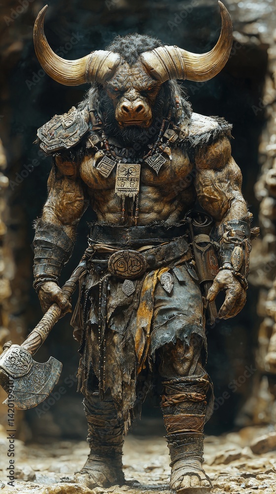 Fototapeta premium Fierce minotaur warrior in ancient attire holding battle axe in enchanted cave setting