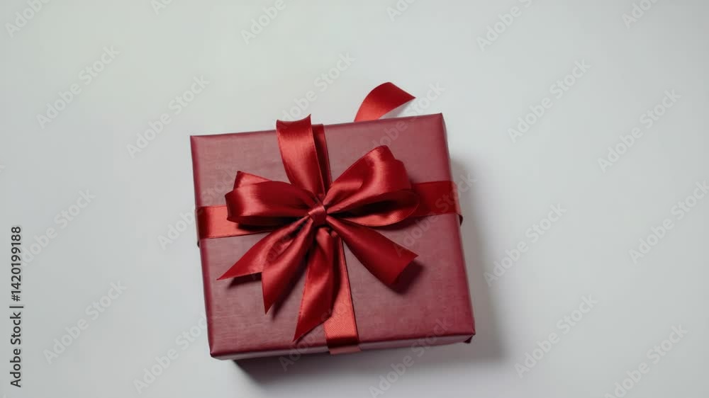 Elegant gift box wrapped in red paper with a satin bow, presented against a clean white background in a minimalist style Elegant gift box wrapped in red paper with a satin bow, presented against a clean white background in a minimalist style