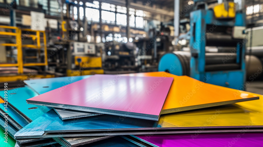 Bright vibrant steel sheets stacked in an industrial setting Generative AI Bright vibrant steel sheets stacked in an industrial setting Generative AI
