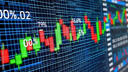 Close Up of Financial Trading Graph Displaying Fluctuating Stock Prices with Colorful Candlestick Patterns