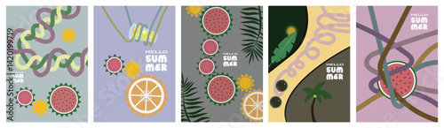 Tropical Summer Poster Set , Modern Abstract Style with Pineapple, Watermelon, Ocean, and Leaves,  Hello Summer Card Collection