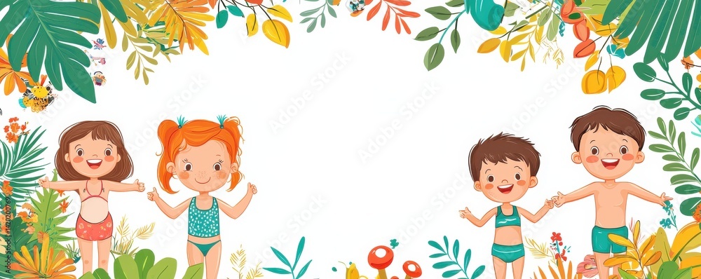 Cheerful children framed by vivid tropical illustrations and playful summer vibes Cheerful children framed by vivid tropical illustrations and playful summer vibes