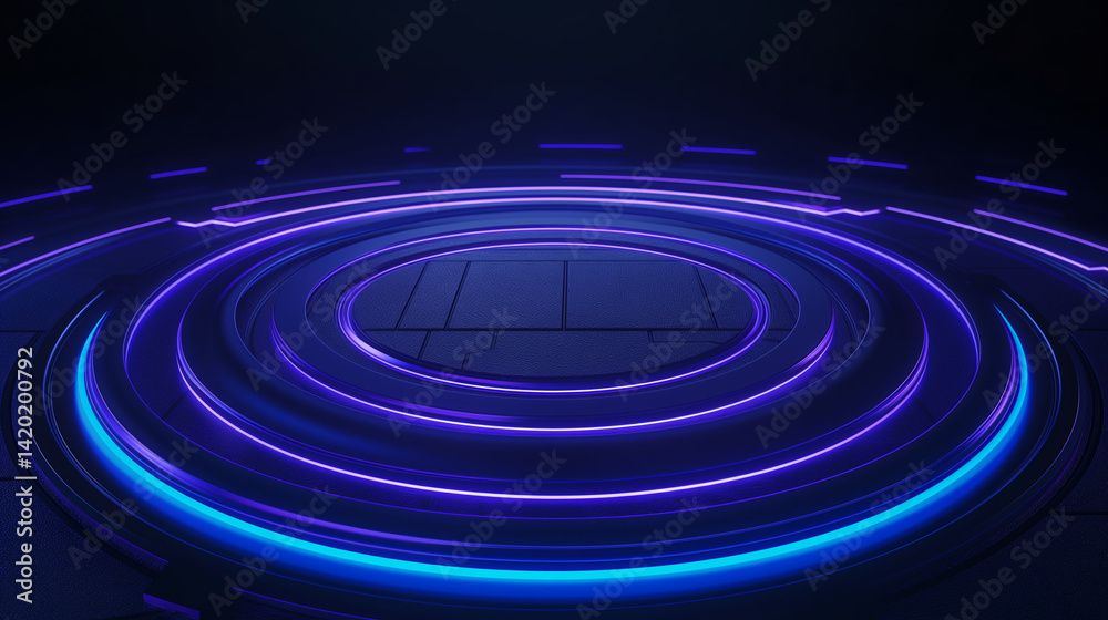 Glowing concentric circles in shades of blue and purple on a dark geometric platform background design Glowing concentric circles in shades of blue and purple on a dark geometric platform background design