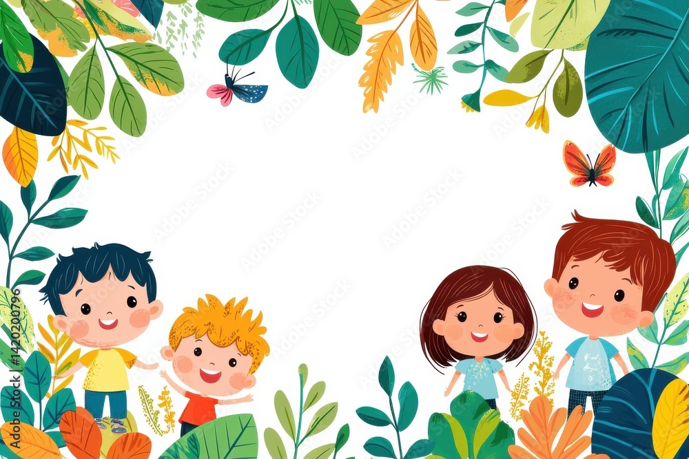 Illustration of playful children surrounded by lush colorful foliage and butterflies Illustration of playful children surrounded by lush colorful foliage and butterflies