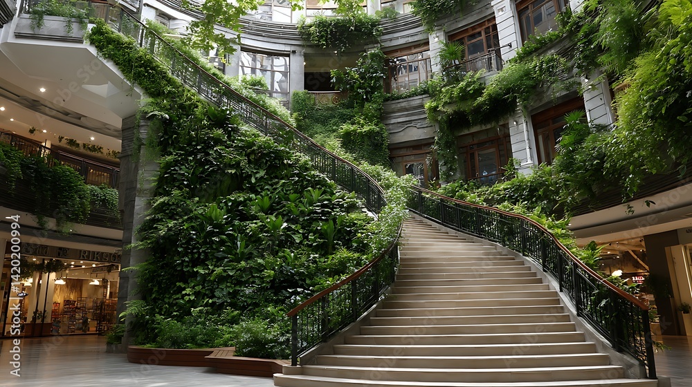 Lush Greenery Adorning the Elegant Stairway of an Interior Urban Space Building Design. Lush Greenery Adorning the Elegant Stairway of an Interior Urban Space Building Design.
