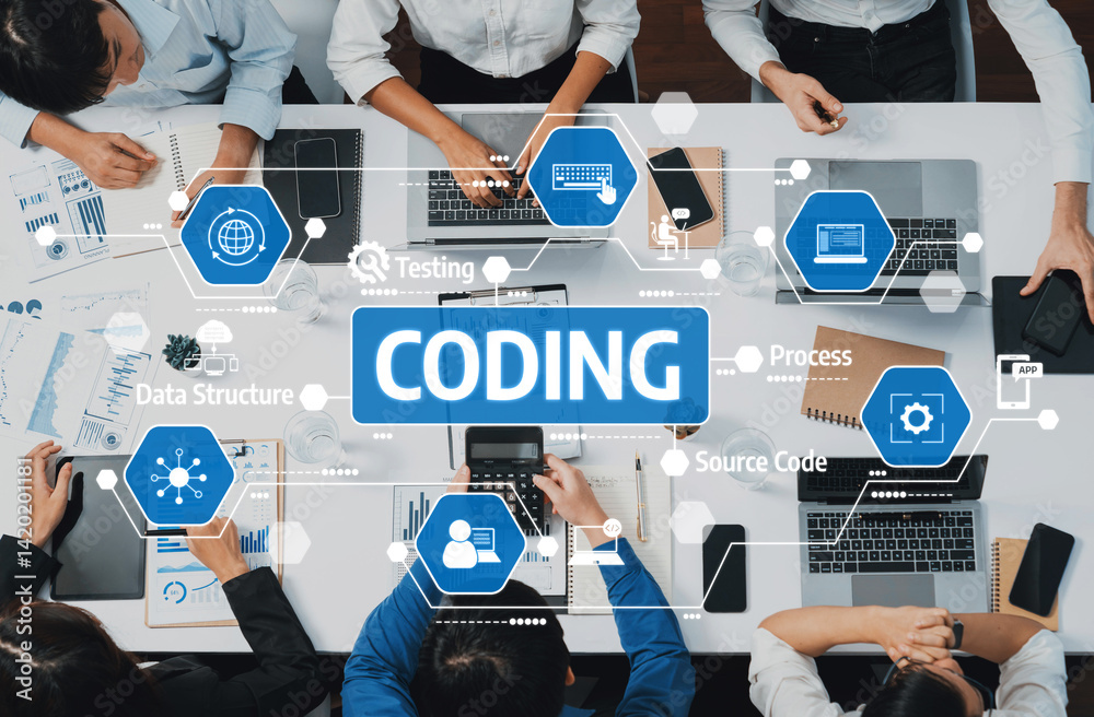 A modern workspace showing collaborative coding with professionals engaged in a data structure project, focusing on coding processes and efficiency improvement. Amity