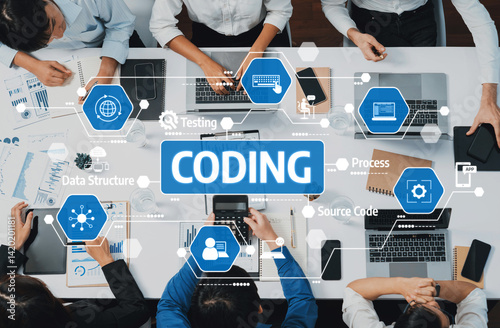 Obraz na płótnie A modern workspace showing collaborative coding with professionals engaged in a data structure project, focusing on coding processes and efficiency improvement. Amity w salonie
