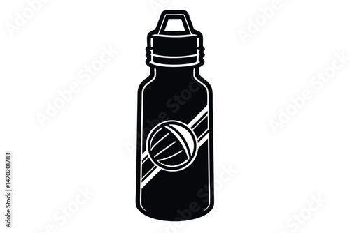 Stylized Black and White Illustration of a Water Bottle with Sporty Design