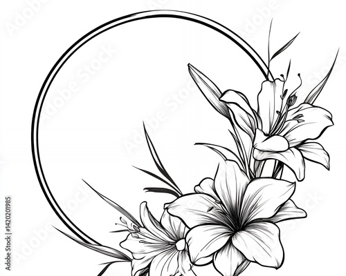 Wallpaper Mural Elegant Black and White Lily Flowers Circular Frame Design Art Line Card Image Style Torontodigital.ca