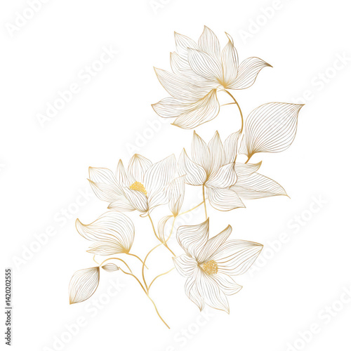 Elegant floral design featuring intricate white and gold flowers, showcasing delicate lines and graceful composition that evokes sense of beauty and tranquility