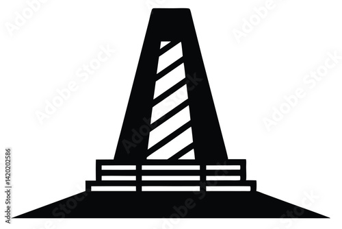 Stylized depiction of a lighthouse with horizontal stripes in black and white