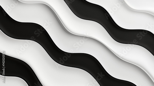 Abstract monochrome waves pattern with alternating black and white curved shapes in diagonal arrangement