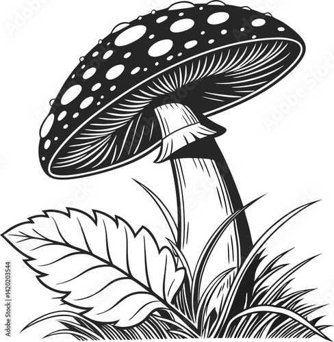 Artistic Black-and-White Illustration of a Mushroom with Leaf Design
