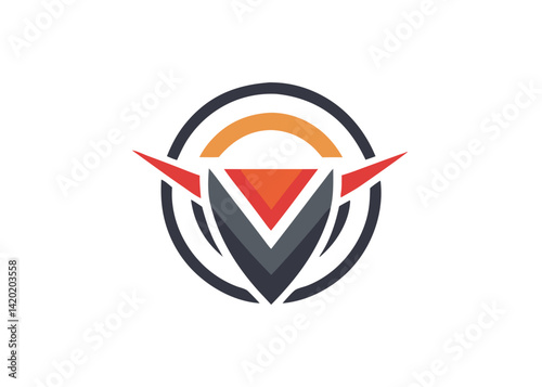 A dynamic V-shaped emblem symbolizing progress and achievement within a circular frame, featuring bold colors and sharp lines.