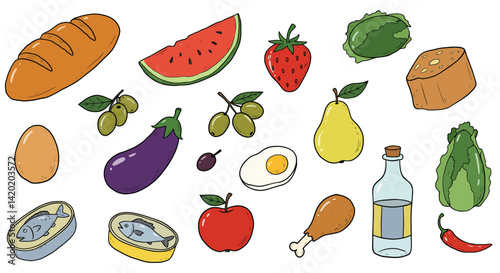 Vector Foodstuffs in cartoonish style a diverse array of groceries