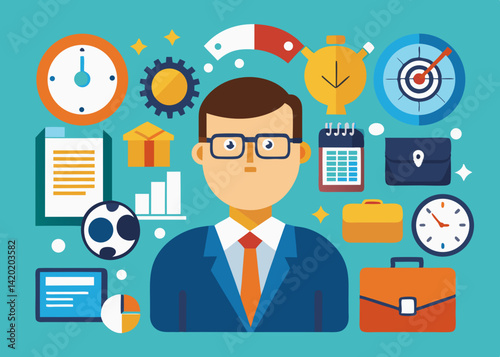 A focused businessman navigating a whirlwind of tasks, deadlines, and goals, illustrated with vibrant flat design icons and a teal backdrop.