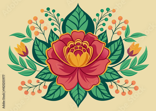 A vibrant blooming rose, a symbol of passionate beauty and spring's arrival, adorned with lush green leaves and bright berries in a stylized flat design.