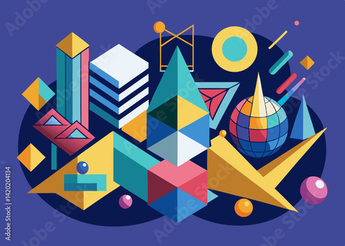A vibrant explosion of geometric shapes celebrating global connectivity and creativity with bold colors and a dark background.