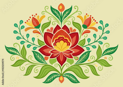 A vibrant floral arrangement bursts with life, showcasing a large central blossom surrounded by smaller flowers and swirling leaves, all rendered in bold, flat colors against a pale background.