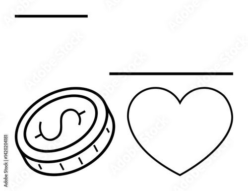 Coin with dollar sign next to heart shape highlights balance between financial success and emotional value. Ideal for finance, charity, love, balance, decision-making, economy, simple landing page