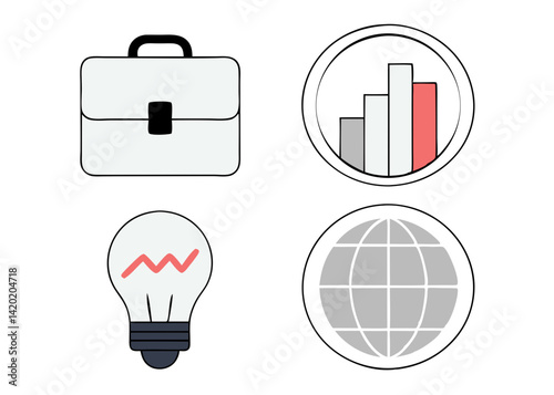 Global business growth visualized: briefcase, rising graph, lightbulb idea, and world map icons in a simple, minimalist style.