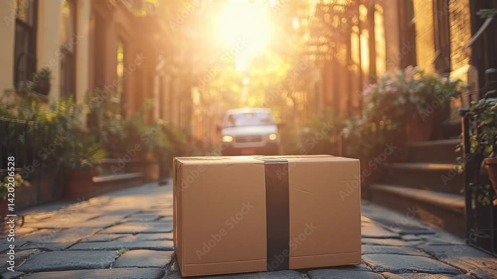 Delivery package rests on a cobblestone street at sunset in a tranquil urban neighborhood Delivery package rests on a cobblestone street at sunset in a tranquil urban neighborhood