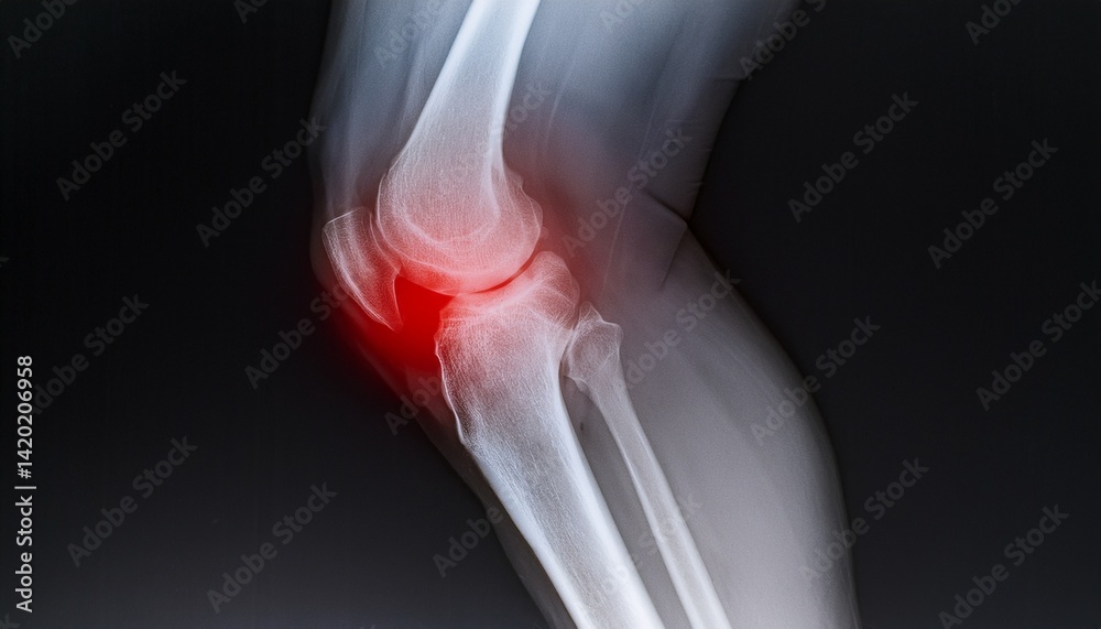 Fototapeta premium Knee joint x-ray with pain highlighted in red