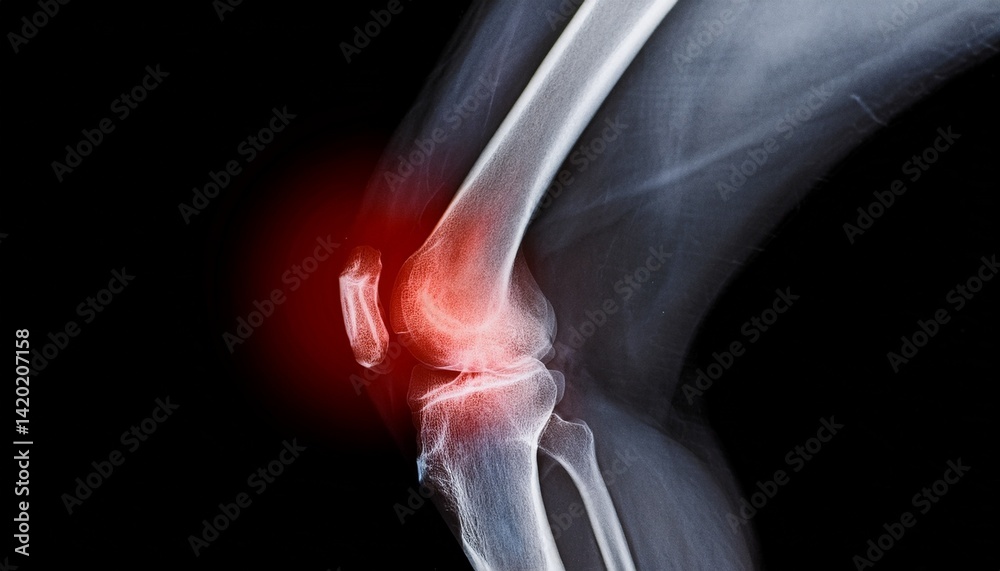 Fototapeta premium Knee joint x-ray with pain highlighted in red