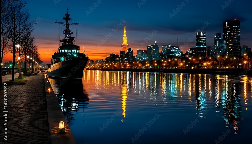Fototapeta premium Japan City Dusk Naval Ship