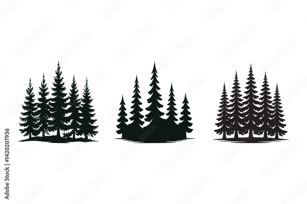 Obraz premium A set of Christmas trees in a winter forest with snow, including fir and pine trees, perfect for holiday decorations and New Year celebrations