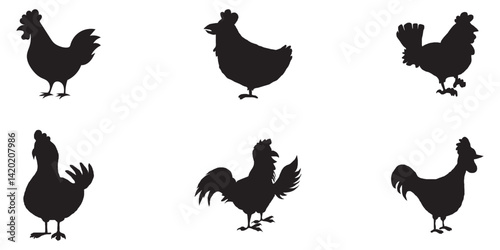 Set of vector chicken black silhouettes isolated on white background.