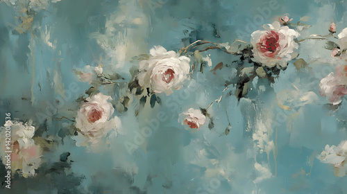 Roses Bloom on Teal Canvas, Artistic Painting