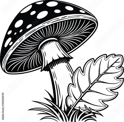 Artistic Black-and-White Illustration of a Mushroom with Leaf Design