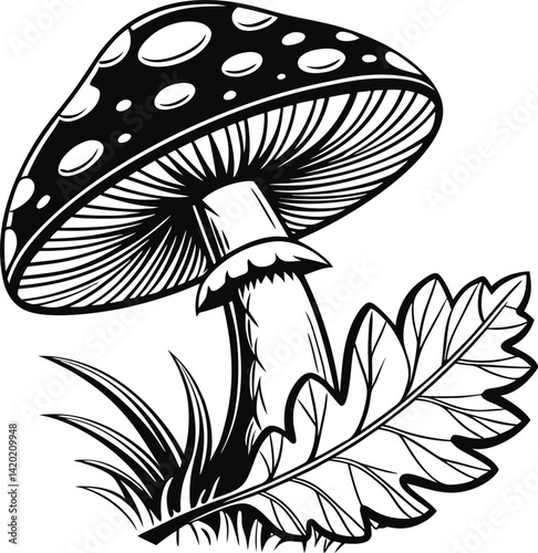 Artistic Black-and-White Illustration of a Mushroom with Leaf Design