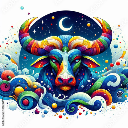 Colorful bull illustration against a cosmic background  