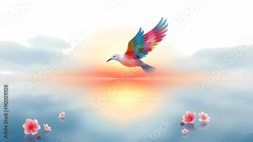 Freedom and Tranquility in Nature — Artistic Illustration of a Bird and Blossoms at Spring Dawn