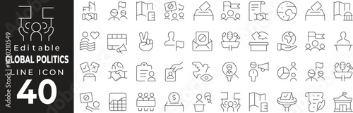 Global Politics Icon Set: A Line Icon Collection Featuring Flag, Globe, Voting, Government, Diplomacy, and More