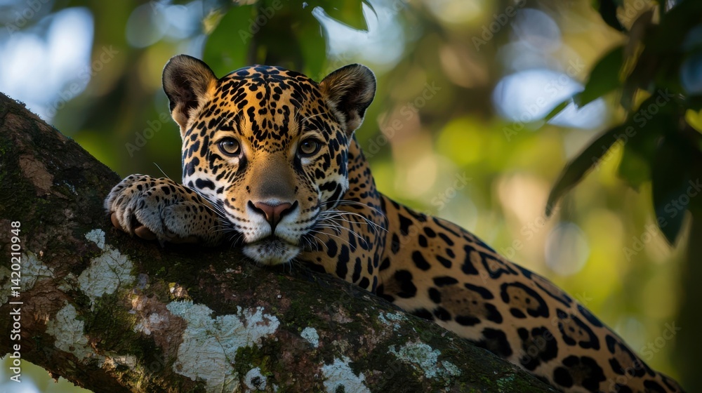 A jaguar is resting on a tree branch A jaguar is resting on a tree branch