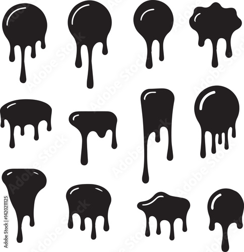 Drip Icons Set Black Liquid Dripping Silhouettes on White Background, drip icons, liquid drip, dripping shapes, drip vector, black silhouette drip, ink drip, paint drip, drip set, fluid icons, 