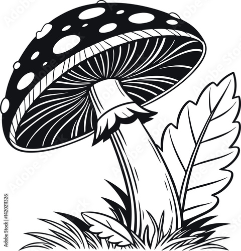 Artistic Black-and-White Illustration of a Mushroom with Leaf Design