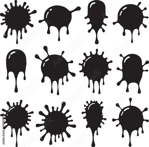 Drip Icons Set Black Liquid Dripping Silhouettes on White Background, drip icons, liquid drip, dripping shapes, drip vector, black silhouette drip, ink drip, paint drip, drip set, fluid icons, 