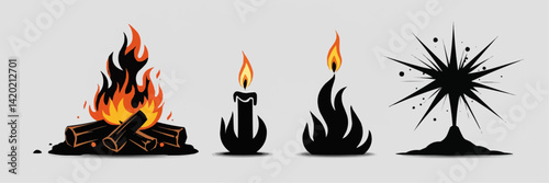 A clean vector set of classic bonfire flame silhouettes. Sharp tips and flowing shapes make this perfect for timeless fire-themed designs and branding. photo