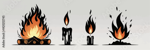 Balanced and symmetrical bonfire flames in silhouette format. Ideal for graphic design with a focus on simplicity and clarity.