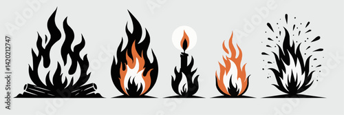 A fierce collection of bonfire flames with wild, chaotic movement. Each vector dances unpredictably, perfect for dramatic designs or edgy compositions.
