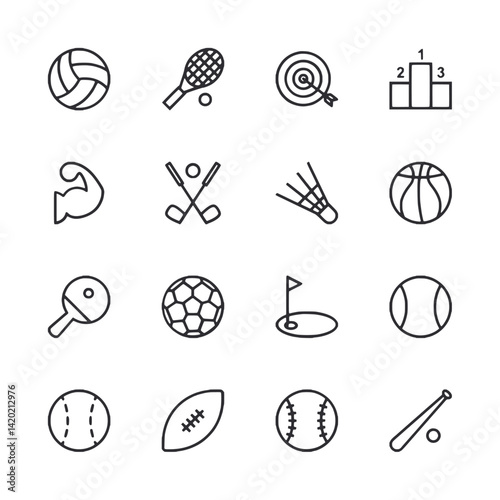 A set of sports icons including a tennis racket, a baseball bat, a golf club